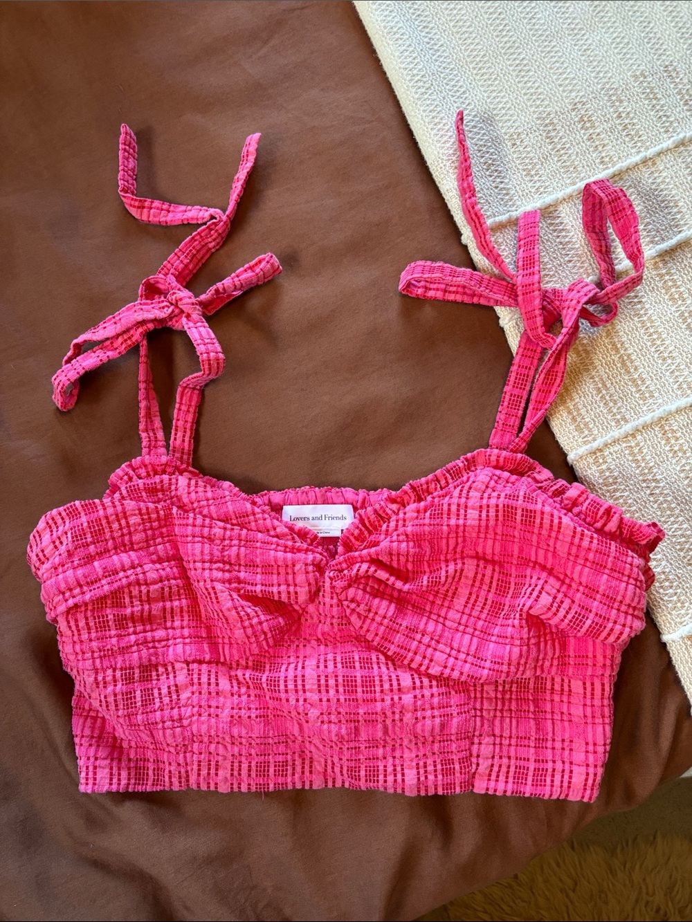 Lovers + Friends Pink Plaid Smocked Tie-Shoulder Crop Top Size Medium
